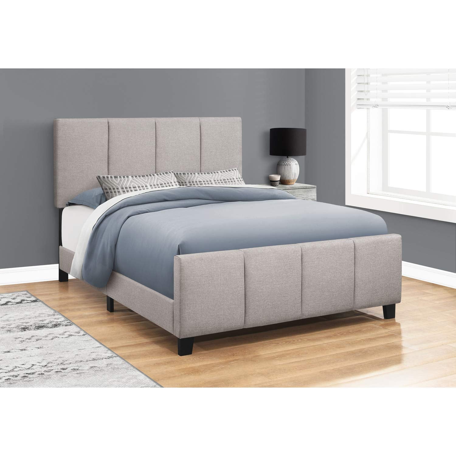Monarch Specialties I 6025Q Bed, Queen Size, Platform, Bedroom, Frame, Upholstered, Linen Look, Grey, Transitional